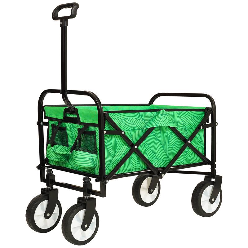 Patterned Collapsible Utility Wagon - Green Line Design with Storage Straps, 225lb Capacity