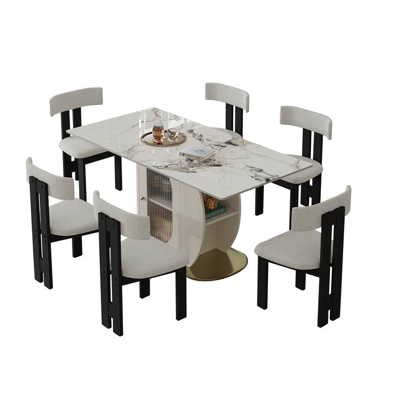 7-Piece Kitchen Table Set with 6 Velvet Chairs, Dining Table Set with Storage Cabinets for Dining Room