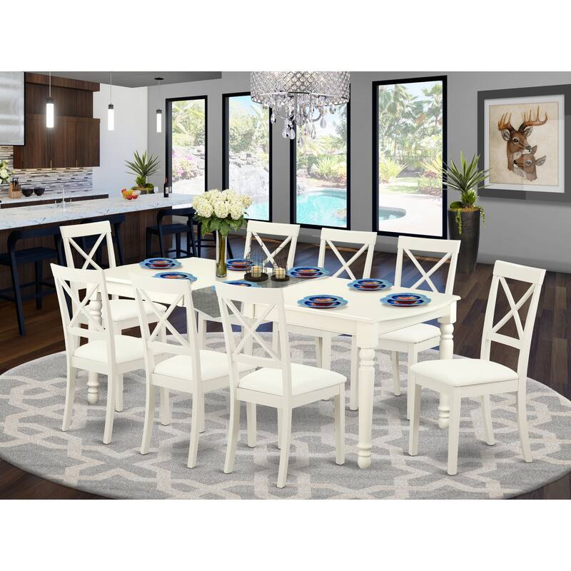 East West Furniture 9 Piece Dining Set- a Dining Table and 8 Faux Leather Upholstered Kitchen Chairs, 42x78 Inch, Linen White - DOBO9-LWH-LC