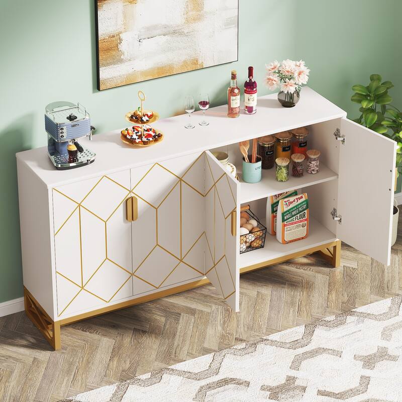 White Gold Buffet Cabinet with Storage Kitchen Sideboard Storage