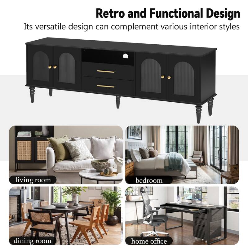 68.9" Retro TV Stand for TVs up to 75 Inches, Entertainment Center Media Console with Fluted Glass Doors