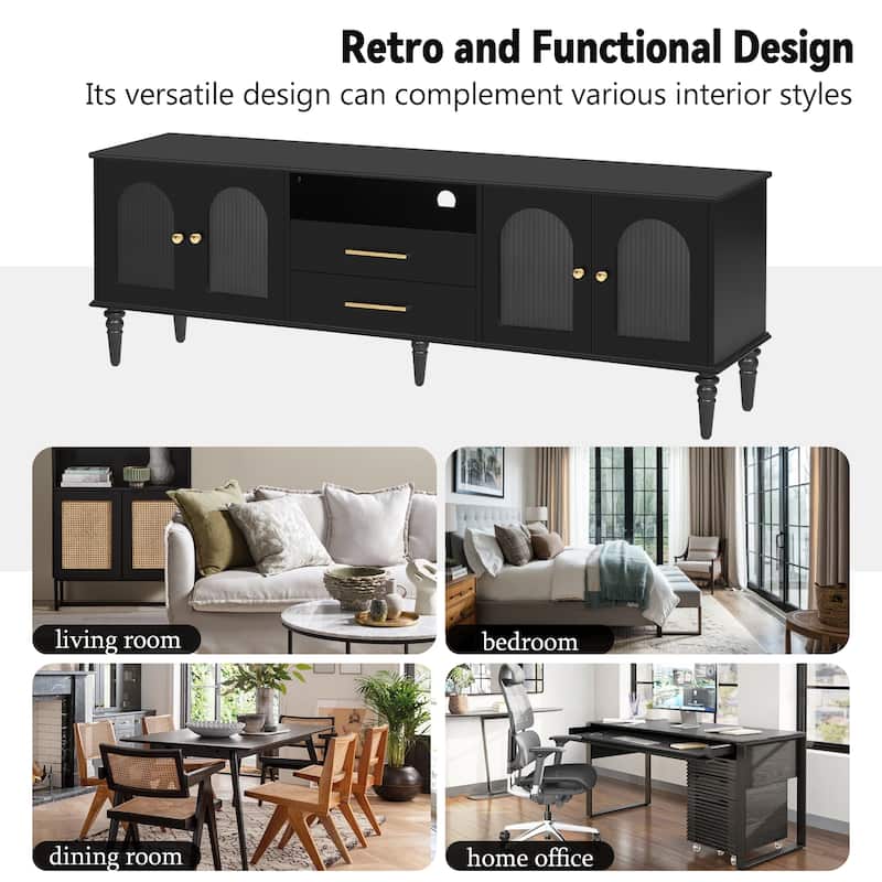 Retro TV Stand for TVs up to 75 Inches with Fluted Glass Doors - 68.8" D x 15.6" W x 23" H