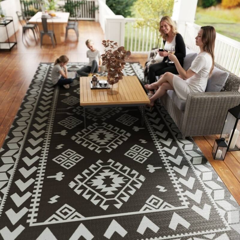 Reversible Outdoor Rug Rhombus Patchwork, UV-Protected, Foldable & Portable Polypropylene Mat - 215.7" L x 107.9" W