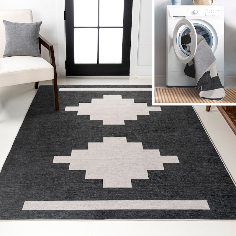 JONATHAN Y Luola Solid Low-Pile Machine Washable Area Rug - 9 X 12 - Black/Cream