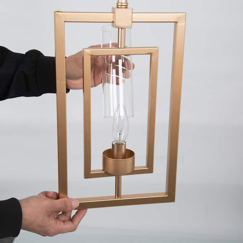 Mid-century Modern Gold Lantern Pendant Farmhouse Dimmable LED Rotatable Kitchen Island Light with Cylinder Glass