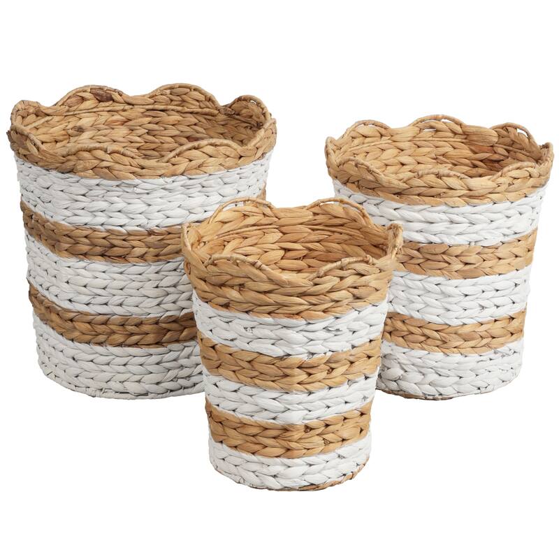 Handwoven Water Hyacinth Scalloped Edge Nesting Baskets (Set of 3) - White Natural