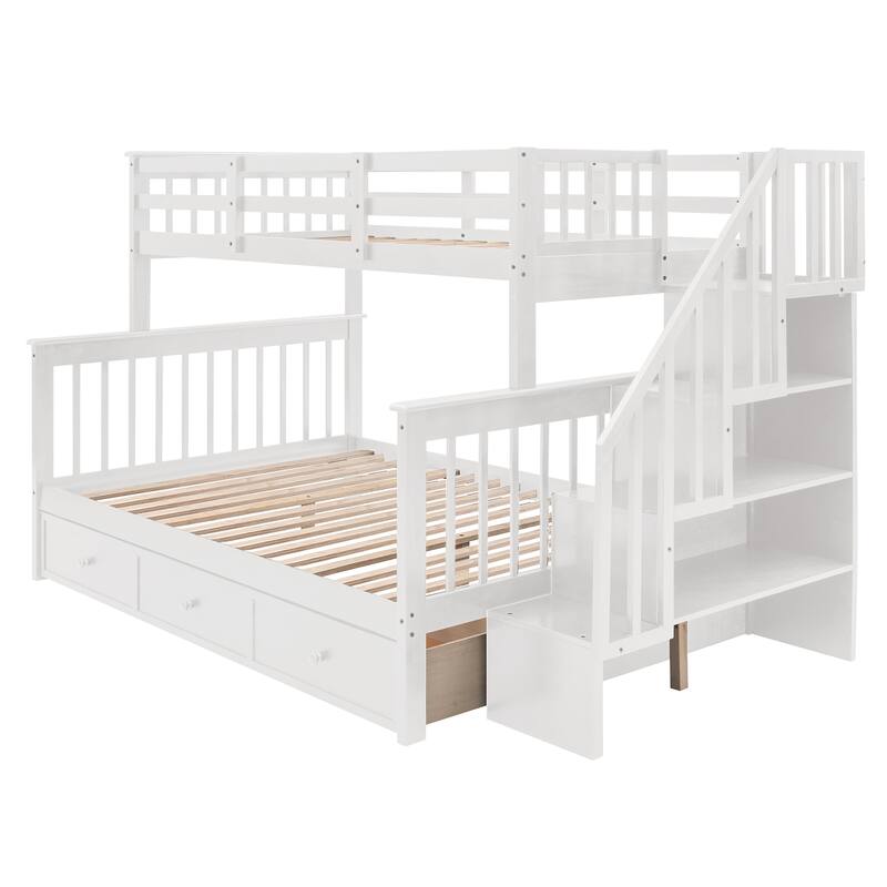 Twin-Over-Full Bunk Bed with Drawer, Storage, and Guard Rail, White