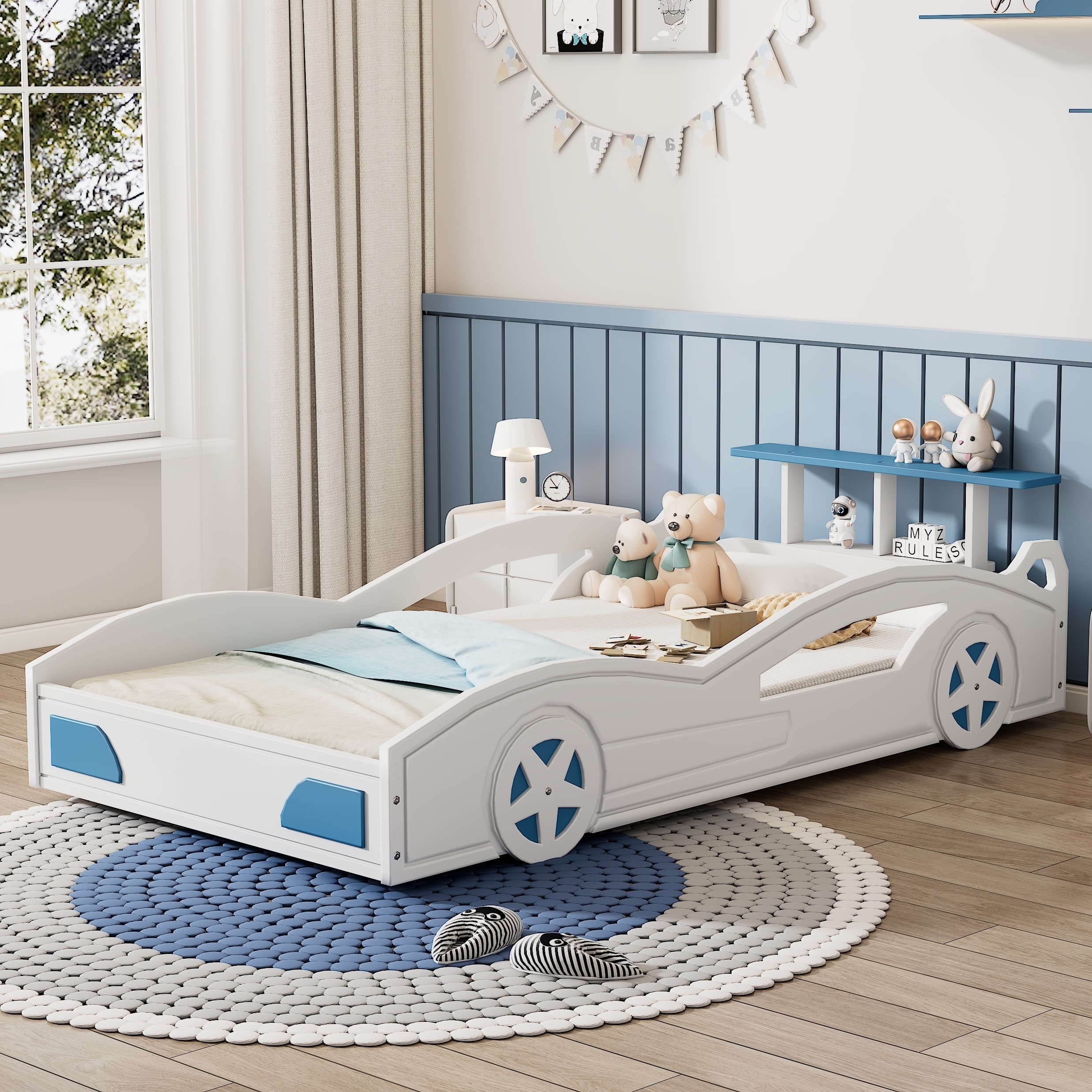 Kids Race Car Bed，Twin Size Race Car-Shaped Platform Bed with