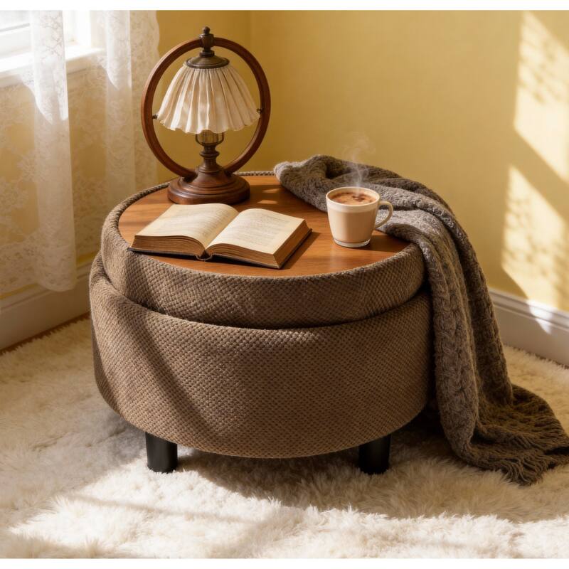 25"Round Storage Ottoman with Tray,ModernTufted Fabric Circle Coffee Table with Storage,Upholstered Ottoman with Removable Top
