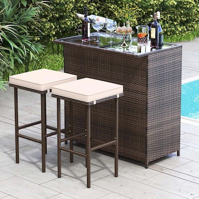 3PCS Outdoor Bar Set PE Rattan Wicker Bar Table＆Stools