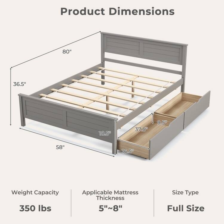 Full Size Platform Bed with 2 Storage Drawers Coastal Modern Wooden Slatted Frame