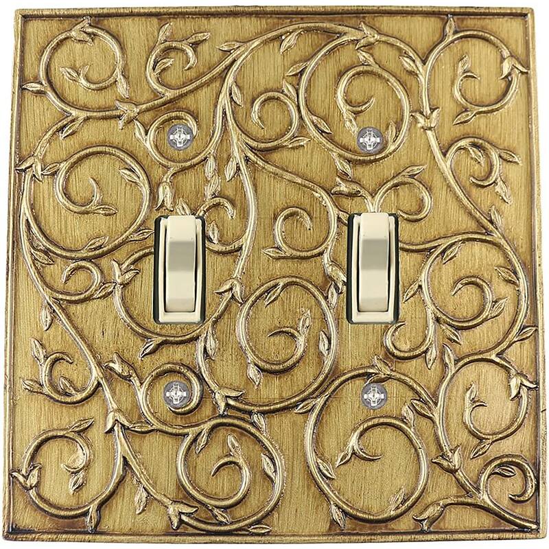 Meriville French Scroll 2 Toggle Wallplate, Double Switch Electrical Cover Plate - Antique Gold