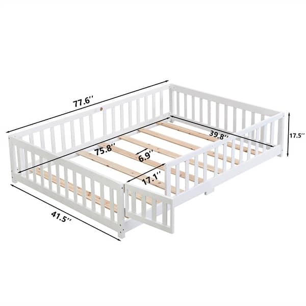 dimension image slide 0 of 3, Twin Size Floor Bed with Door,Solid Wood Platform Bed Frame with Fence