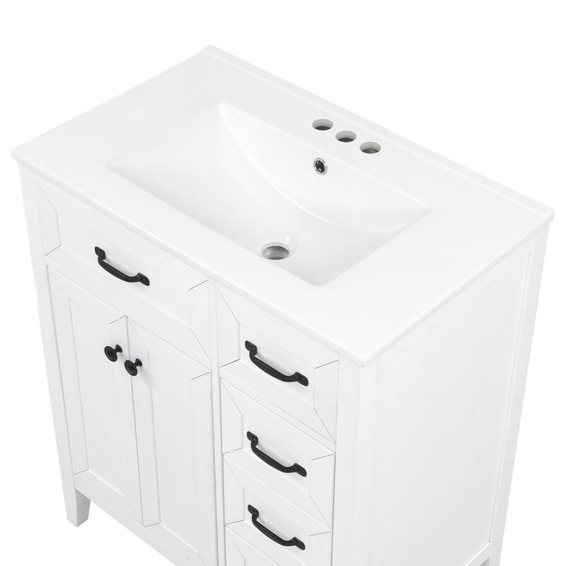 30" White Freestanding Bathroom Vanity with Ceramic Sink and Black Hardware