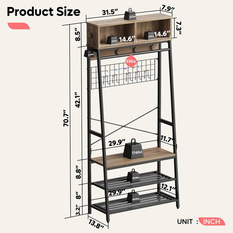 Bestier 5 in 1 Hall Tree with Cabinet Coat Rack with 3-Tier Shoes Organizer - 70 inches