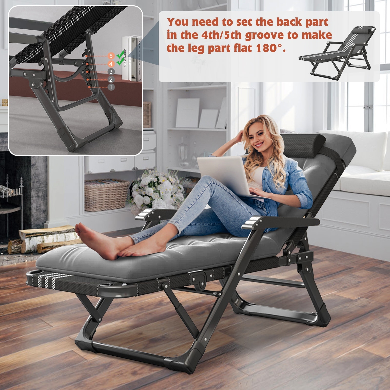 DoCred 3 in 1 Full Flat Lounge Chair Folding Reclining Chair Grey