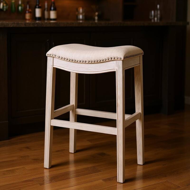 HomeRoots 31" Bone and Antiqued White Fabric and Solid Wood Backless Bar Height Bar Chair - Bar Height - Bone - Single