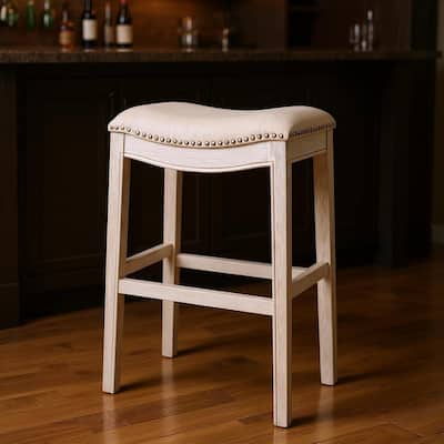 HomeRoots 31" Bone and Antiqued White Fabric and Solid Wood Backless Bar Height Bar Chair