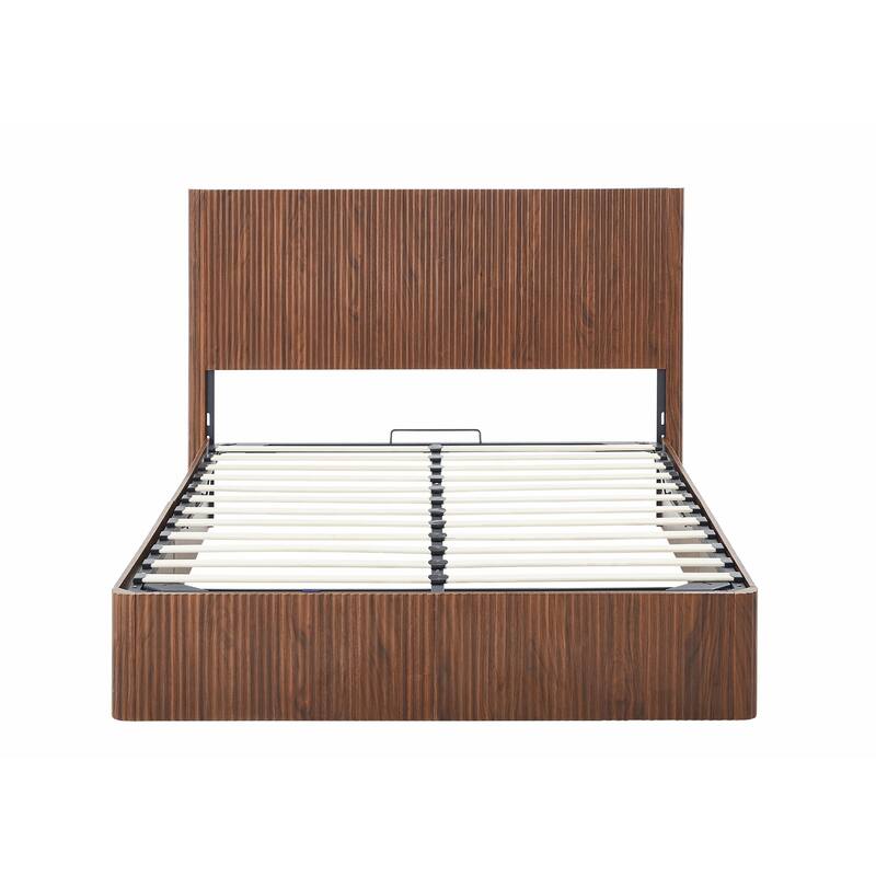 Queen Size Lift-Up Storage Bed Frame with Wooden Corrugated Curved Lines