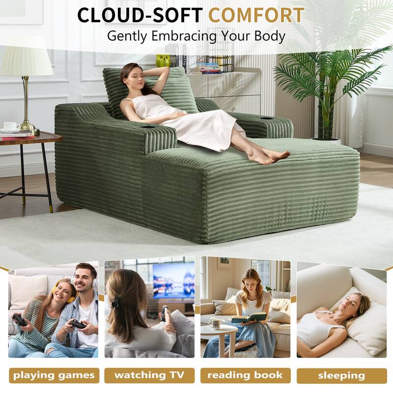 Roomfitters 67" Oversized Chaise Lounge, Corduroy Boneless Sleeper Sofa with Integrated Cup Holders