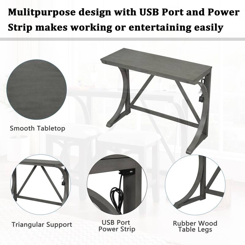 Farmhouse 3-Piece Counter Height Dining Table Set with Built-in USB Ports and Upholstered Stools for Small Spaces