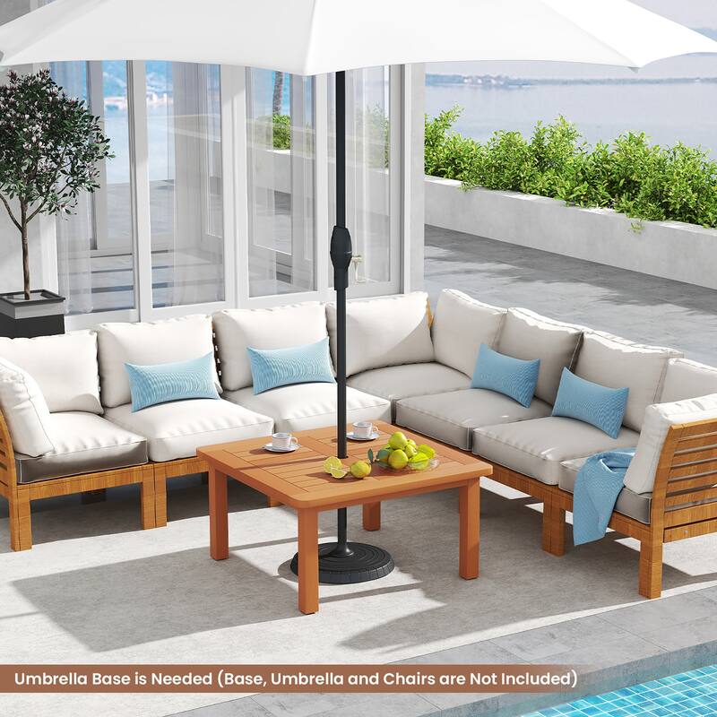 Gymax Patio Coffee Table w/ Umbrella Hole Slatted Tabletop & Teak Oil