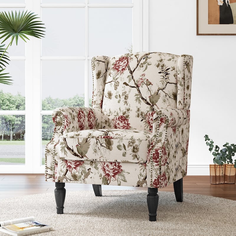 Mid-Century Modern Linen/ Vegan Leather Wing Back Accent Chair - Beige-Linen