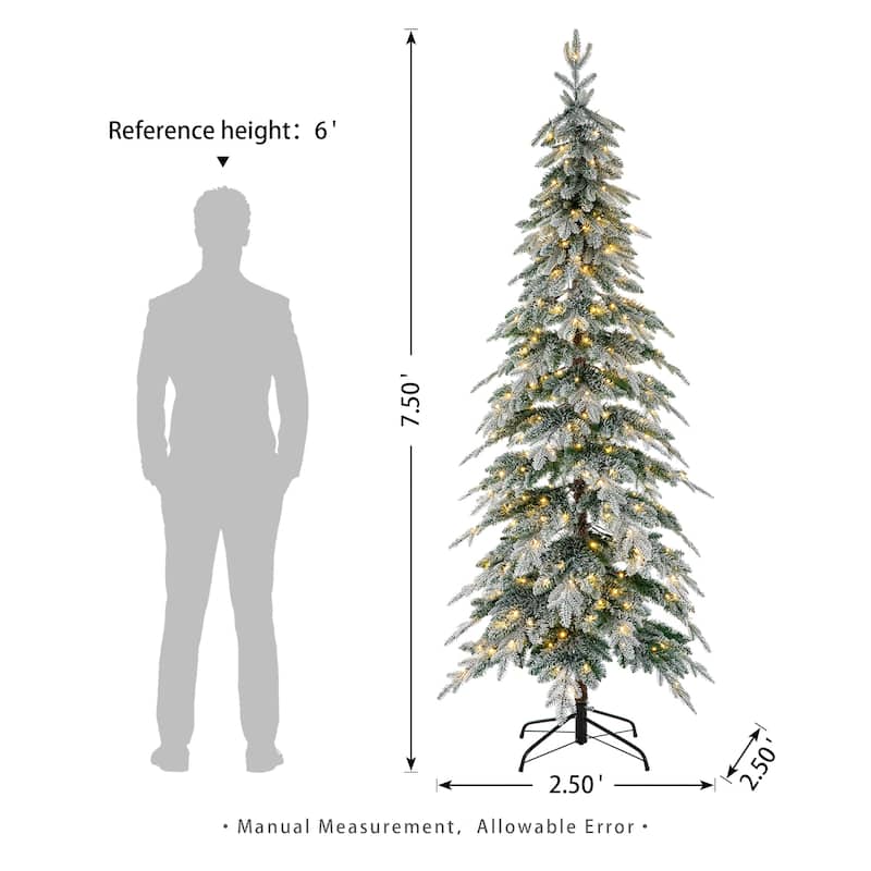 Glitzhome Pre-Lit Flocked Pencil Spruce Artificial Christmas Tree with Warm White Lights