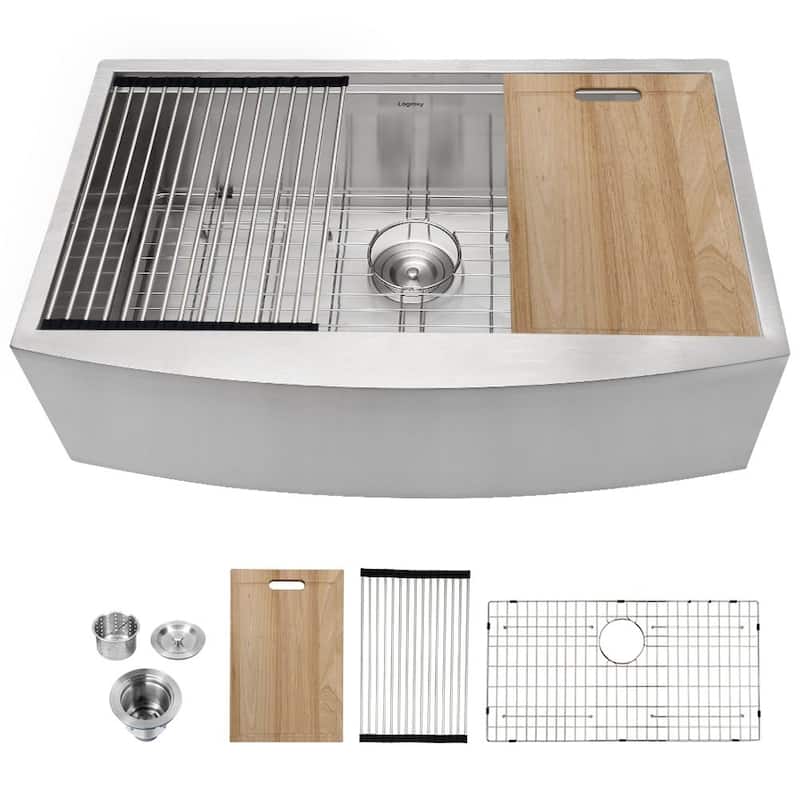 Lordear 33/30/36 inch Farmhouse Kitchen Sink Workstation Single Bowl Stainless Steel Sink Basin - 33"x 21"x 9" - Silver