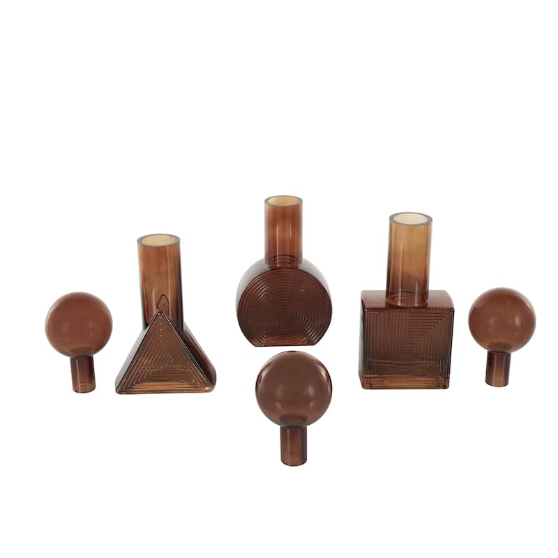Glass Geometric Shapes Ombre Living Room Decorative Jars with Textured Grooves - Set of 3 Brown - Roche River Decor