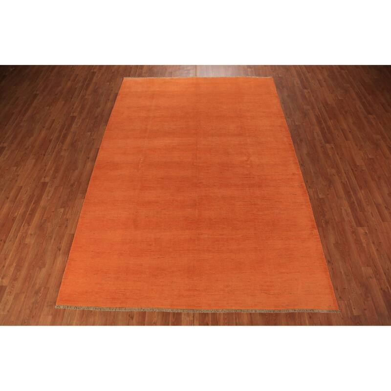 Orange Gabbeh Modern Area Rug Hand-Knotted Solid Wool Carpet - 6'8" x 9'7"
