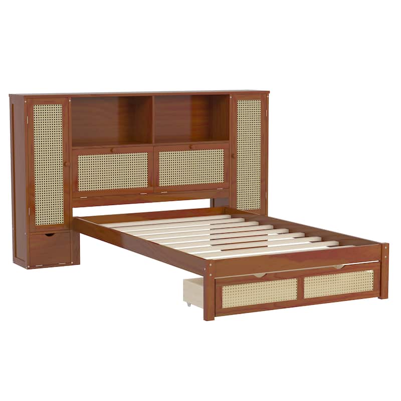 Twin Size Wooden Bed w/ 2 Storage Lockers, Drawer & Storage Shelf on Headboard, Multifunctional Platform Bed, Walnut
