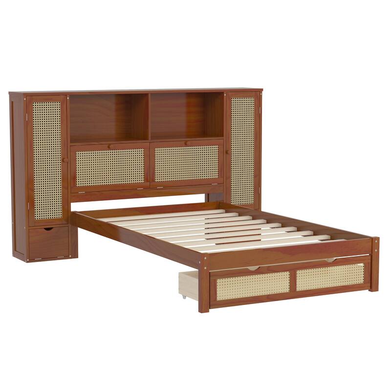 Twin Size Wooden Bed with Two Storage Lockers, Drawer, and Storage Shelf on Headboard, Platform Bed with Natural