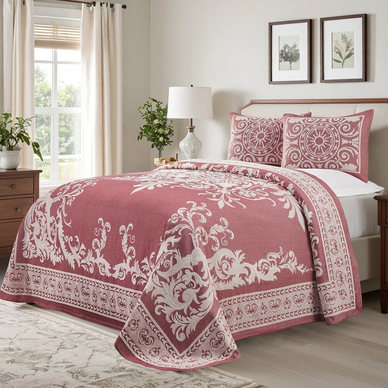 Superior Cotton Blend Oversized Vintage Medallion Bedspread Set - Berry Red - King