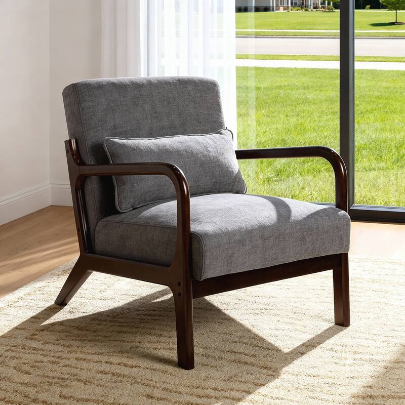 Mid Century Modern Armchair, Accent Chair with Solid Wood Frame and Detachable Lumbar Pillow for Living Room