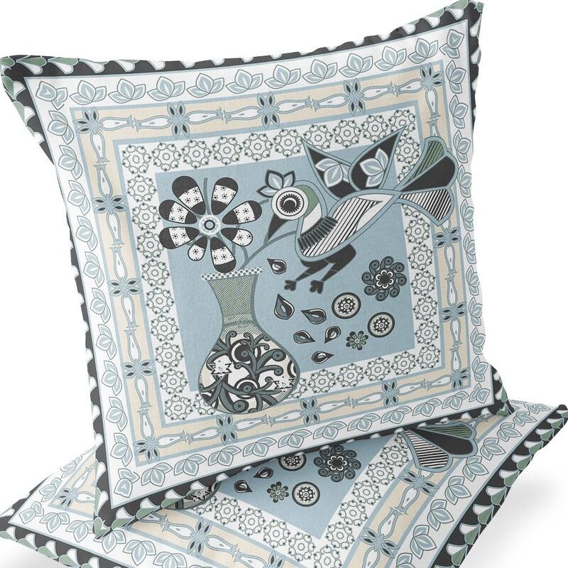 HomeRoots Set of Two 16" X 16" Blue and Black Peacock Blown Seam Floral Indoor Outdoor Throw Pillow - 16.00' X '16.00' X '5.00
