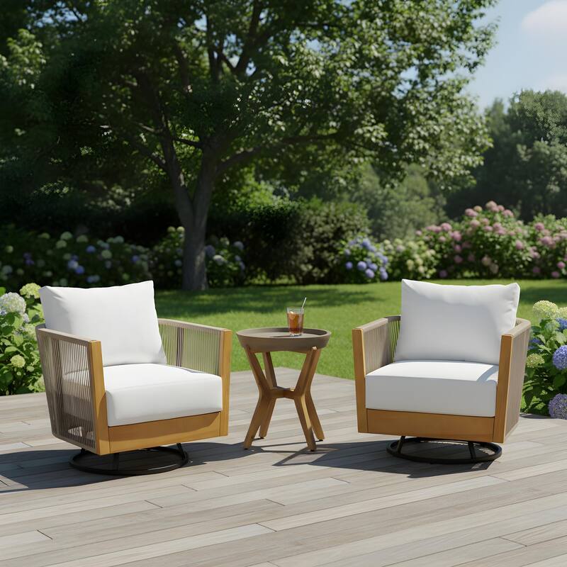 Outdoor Acacia Wood Rope Swivel Lounge Chair with Cushion and Concrete-Acacia Side Table