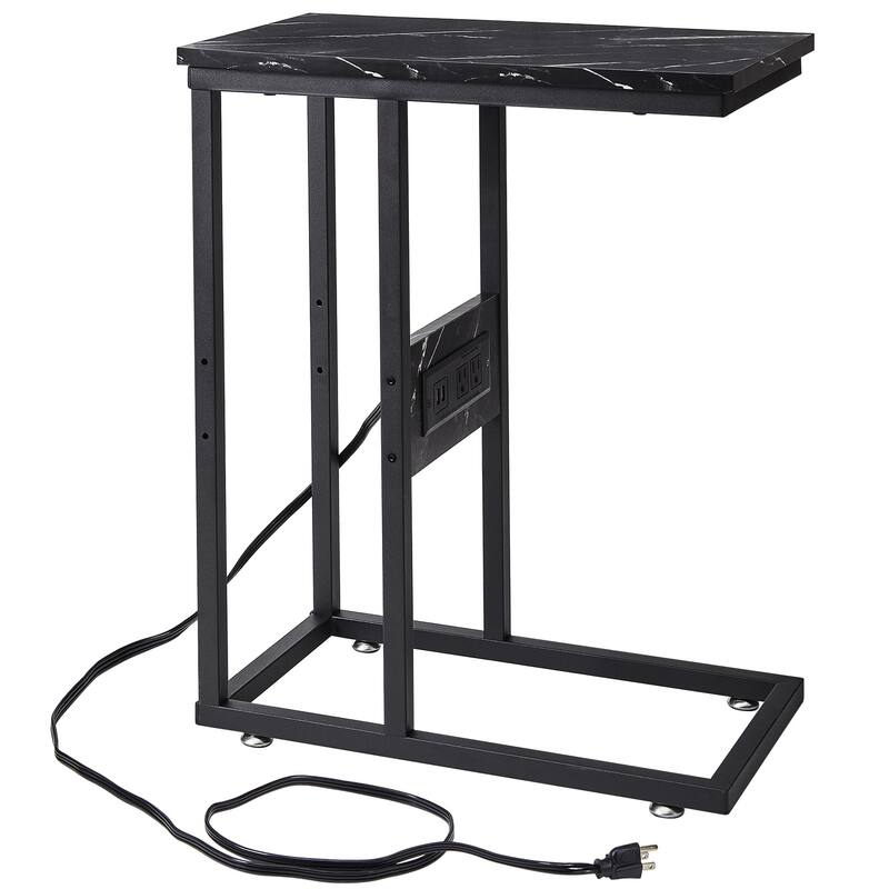 VECELO C Shaped End Table with Charging Station Sofa Table with USB Ports and Outlets C Couch Rustic Snack Bed Table - 11x19x24