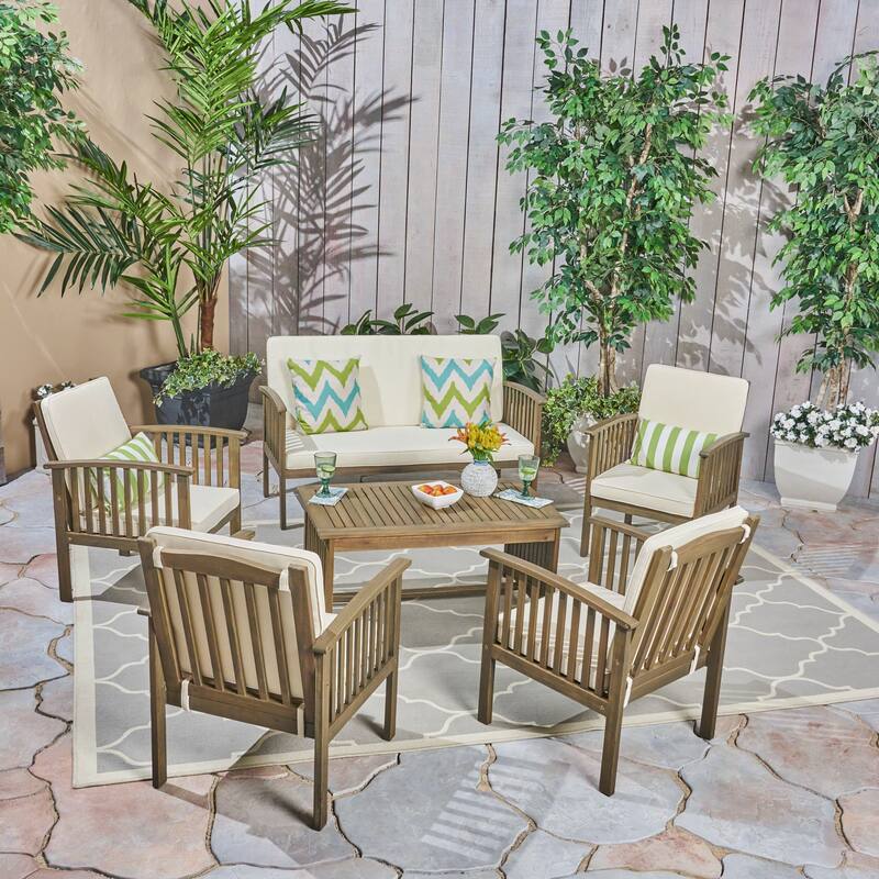 Carolina Outdoor 6-Seater Acacia Wood Chat Set by Christopher Knight Home - gray + cream cushion