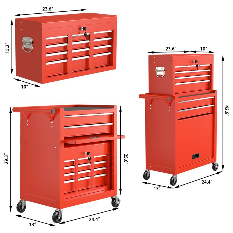 2 in 1 Rolling Tool Chest with Lock Tool Box Garage Storage Cabinet