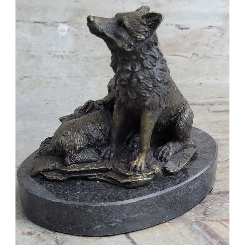 Wolf And Cubs Bronze Miniature Statue Sculpture Marble Base Desktop 4 Inches X 5 Inches