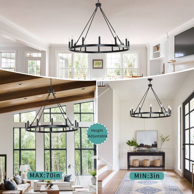 12-Light Wagon Wheel Chandelier 38" Black Farmhouse Round Chandeliers - 38inch