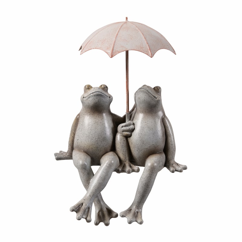 Sitting Couple Frogs with Umbrella Outdoor Garden Statue - 9"