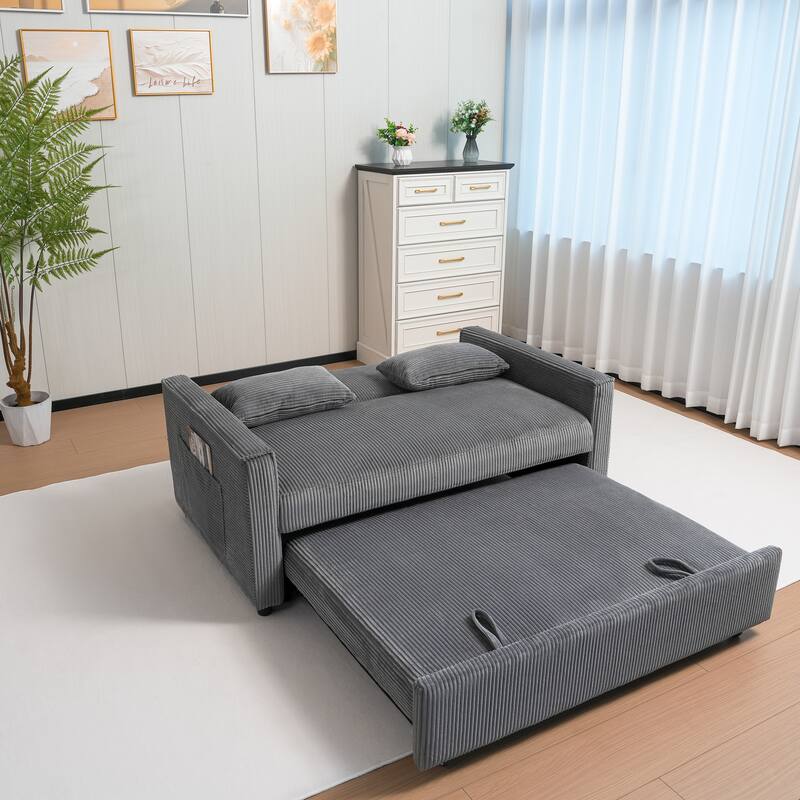Convertible Sofa Bed 3-in-1 Sleeper Sofa Pull-Out Bed with Adjustable Backrest and Pillows, Corduroy Loveseat for Living Room