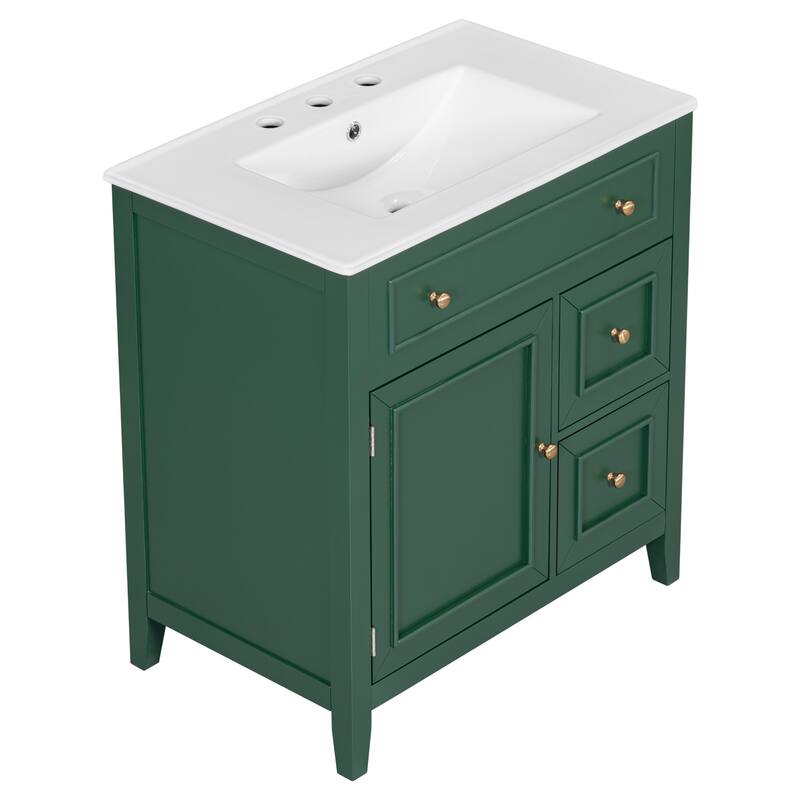 30'' Solid Wood Bathroom Vanity with Cabinet, 2 Drawers, and Ceramic Sink