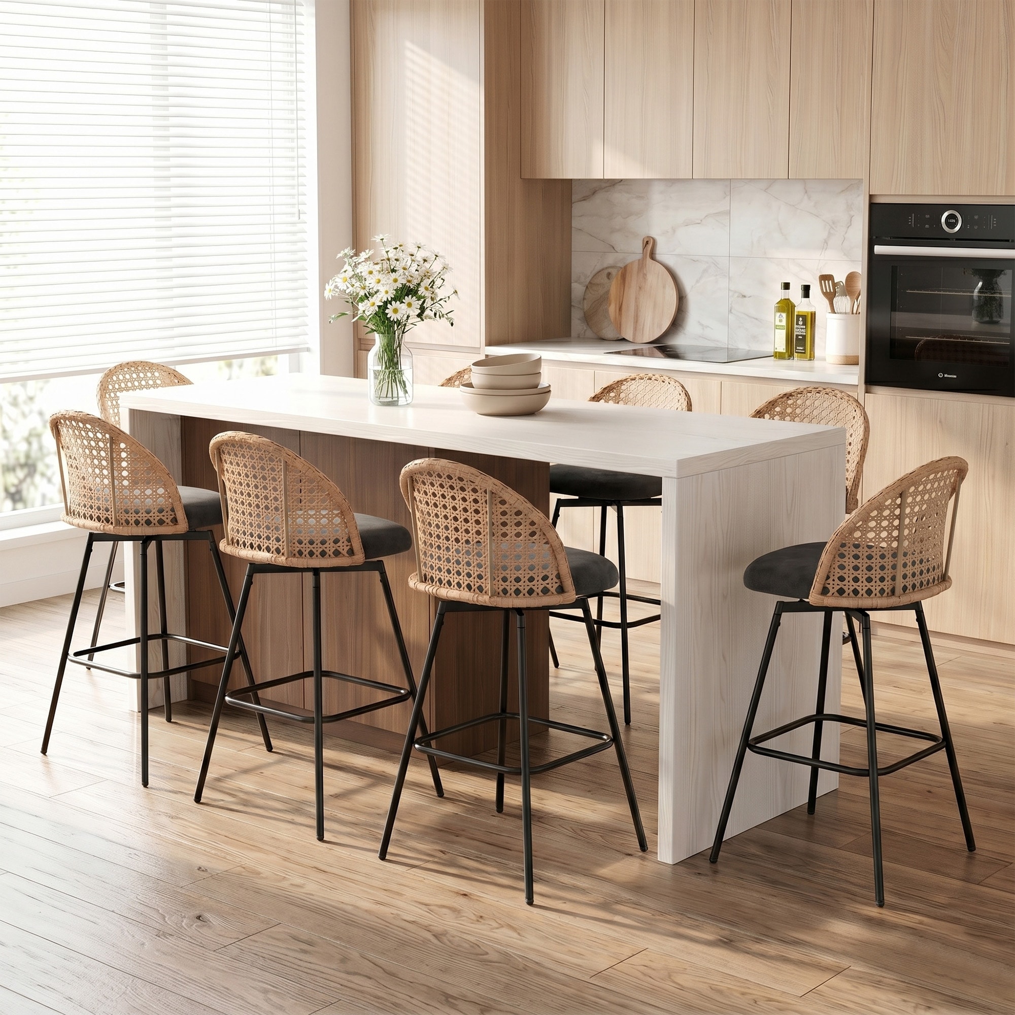 Upholstered Swivel Dining Chairs Bar Stools with PE Wicker Back & Metal Leg