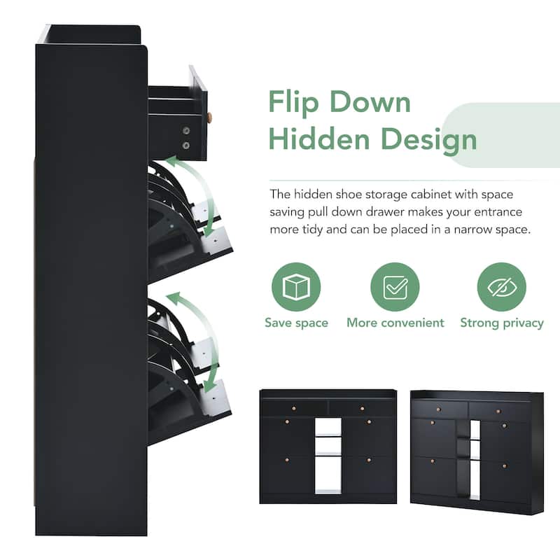 Large Flip Down Shoe Cabinet with Drawers, 2-Tier Wood Shoe Storage Organizer, Entryway Free Standing Narrow Shoe Rack
