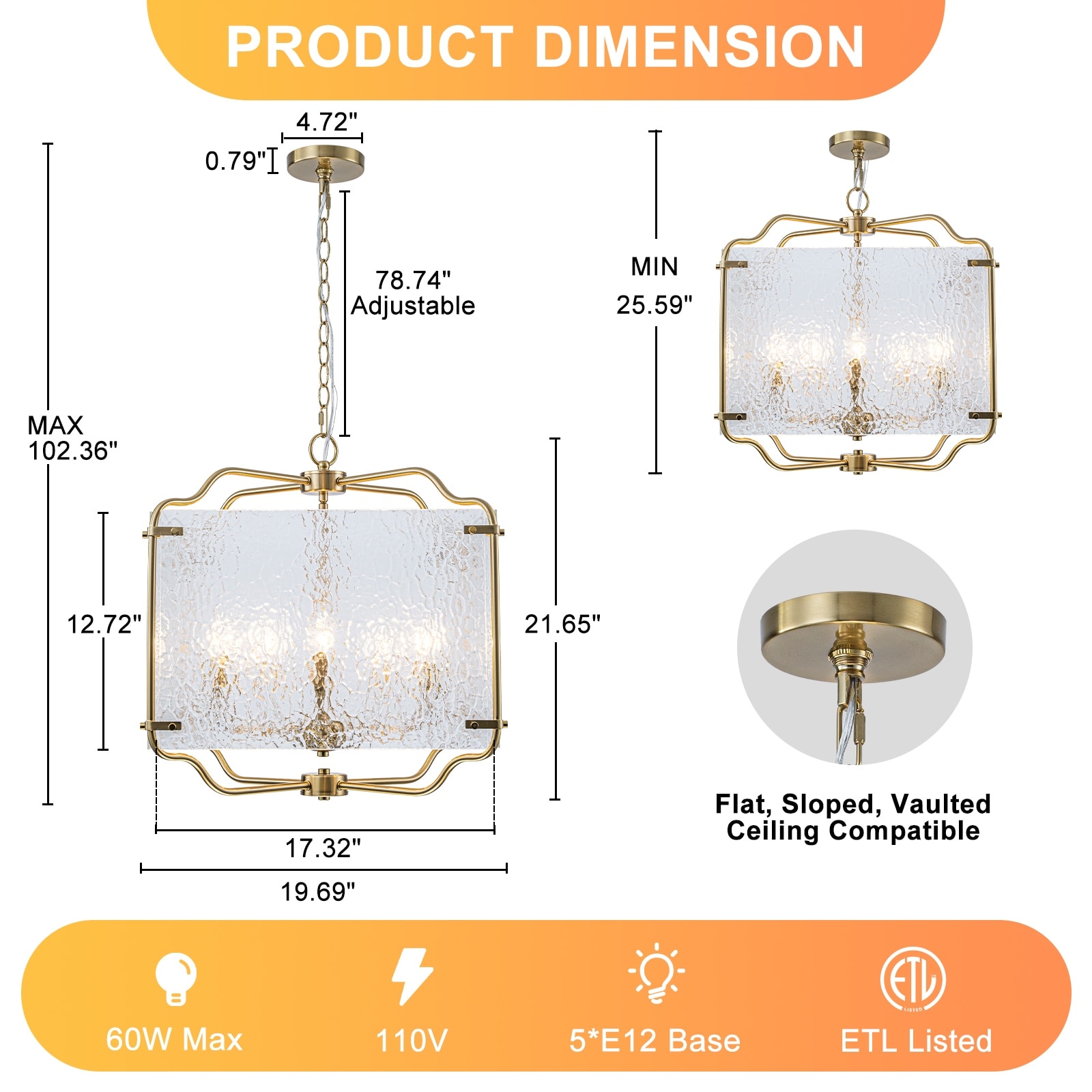 5-Light Gold Square Chandelier with Clear Textured Glass Ceiling