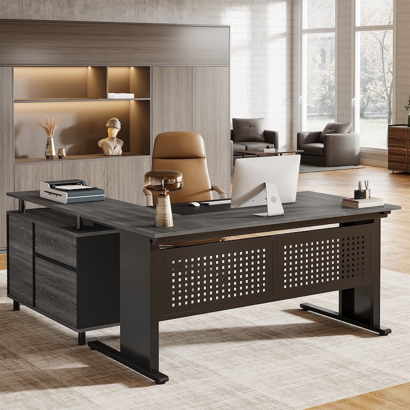 63-Inch L-Shaped Executive Desk with Storage Shelves