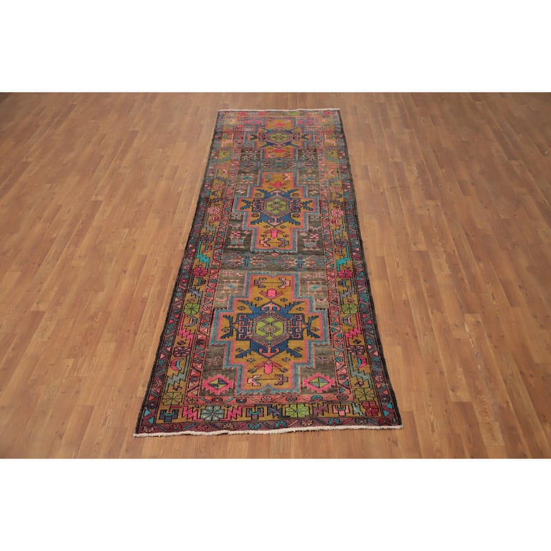 Hand Knotted Oriental 100% Wool Carpet Traditional Tribal Greys & Charcoal Ardebil Runner Rug - 9' 10'' X 3' 4''